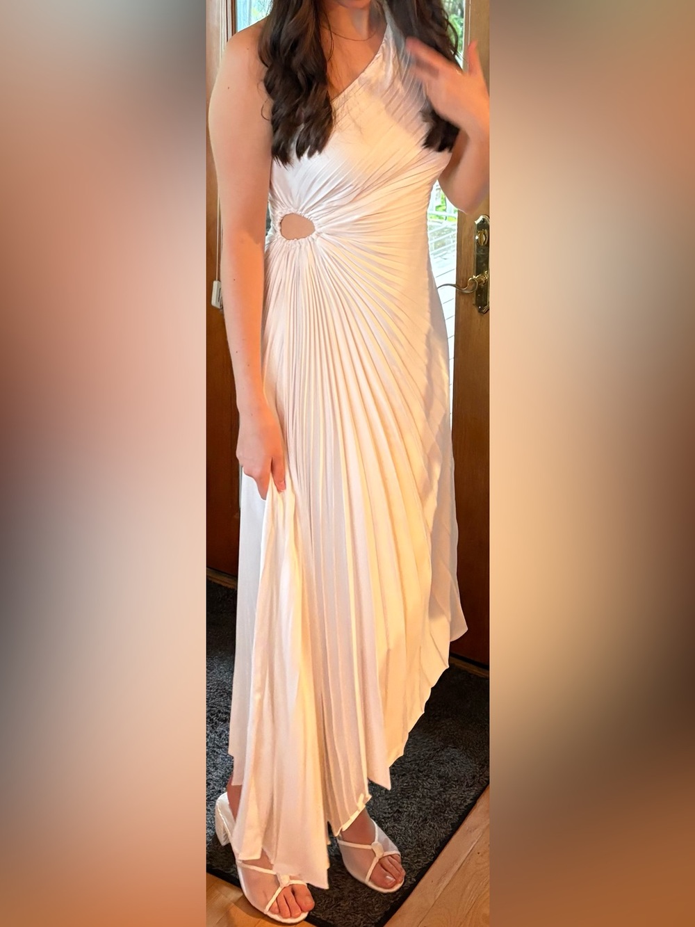 Nicole Miller One-Shoulder White Pleated Midi with Side Ring